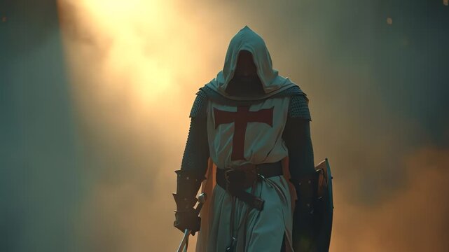 Knight templar walking toward glowing sunset in dusty armor across a dramatic battlefield landscape