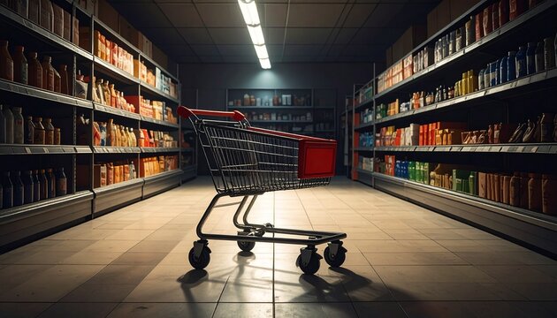 Abandoned shopping cart sits in empty store aisle surrounded by bookshelves