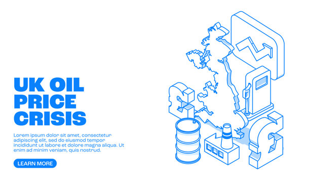 Uk fuel and oil price crisis with isometric map of United Kingdom petrol pump barrels and pound currency illustrating energy market pressure