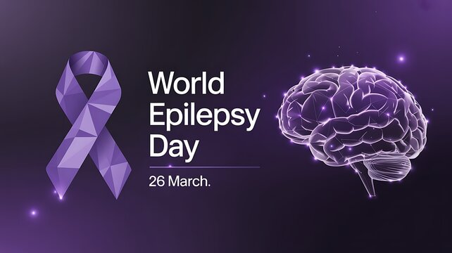 A commemorative graphic for world epilepsy day featuring a purple awareness ribbon and human brain