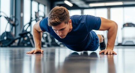 Fototapeta premium Young athletic man doing push-ups in modern gym with professional equipment