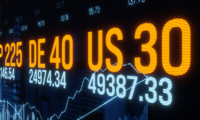 Device screen with global stock market index data, financial market information. Bar graph, rising chart and market prices, trading board, investment strategy, equity, risk management, information. © Westlight