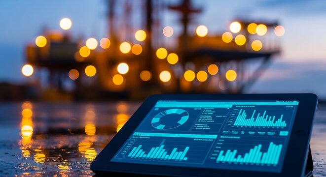 Oil rig dashboard analytics on tablet at dusk with illuminated offshore platform data visualization