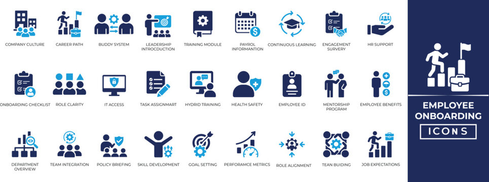 Employee onboarding icon set. Containing Team integration, training, communication, hiring, motivation, engagement,  checklist, mentorship program and more. Perfect solid icon collection.