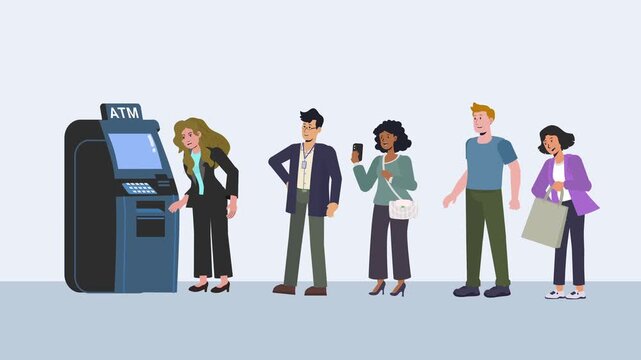 People Waiting in Line at ATM Machine 2D Flat Design Animation