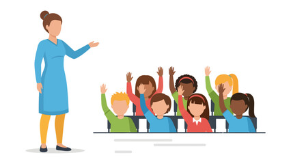 Teacher Engaging Students: In a vibrant classroom, a teacher stands before a group of eager students, their hands raised in a display of enthusiastic participation. © Jannat