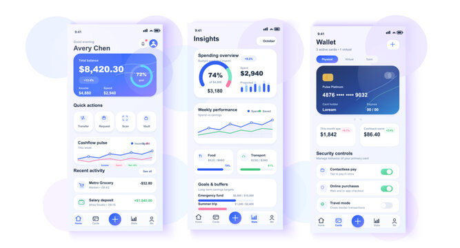 Modern fintech mobile app interface set with wallet dashboard, spending insights, analytics charts, card controls, and personal finance screens in a clean pastel smartphone UI style.