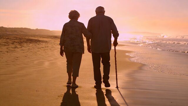 Elderly couple walking on beach together.