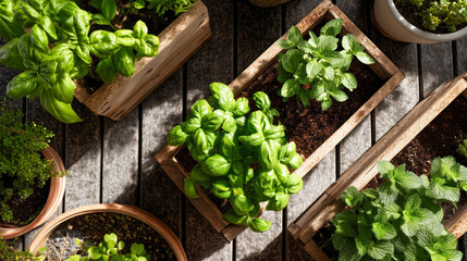 Herbs in wooden planters on a sunlit deck