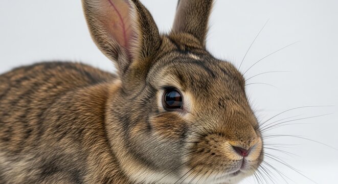 A close up portrait of a brown wild rabbit showing detailed fur texture and alert dark brown eyes