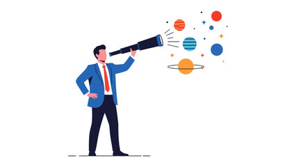 Visionary Insights: A modern businessman peers through a telescope, gazing at colorful celestial objects, symbolizing foresight, innovation, and strategic planning.  © Karima