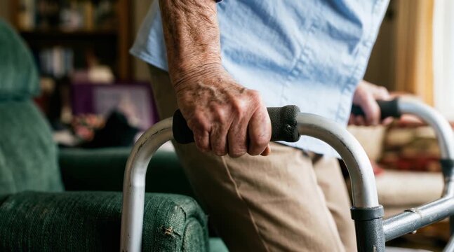 Close up of elderly person hands holding mobility walker next to armchair at home