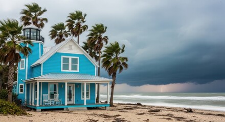 Fototapeta premium Coastal Lighthouse Home Under Stormy Skies.