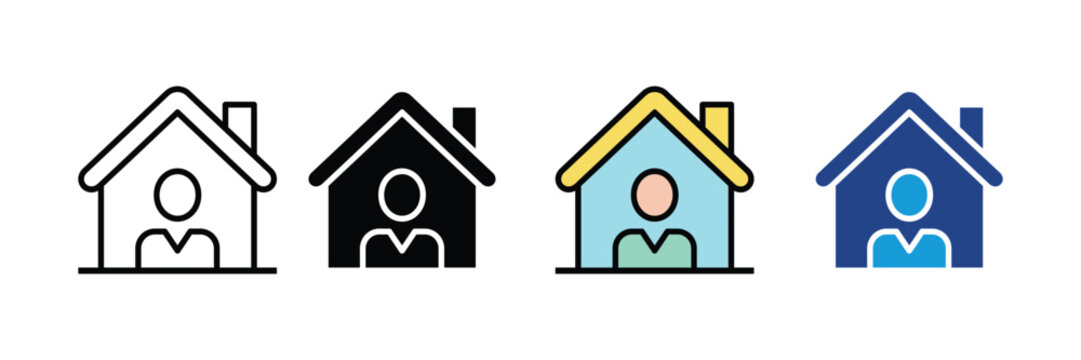 User profile home and stay at home icon set. Person inside a house symbol, remote work, and residential occupancy icons. Vector Illustration.