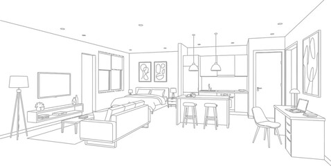 Obraz premium Detailed black and white line art illustration depicting a modern open concept studio apartment layout design
