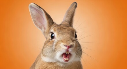 Obraz premium A close up portrait of a cute brown rabbit with a surprised expression on a vibrant orange background