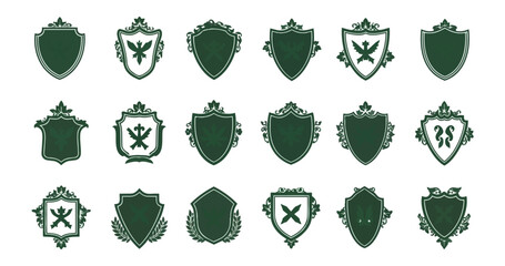 Decorative shield emblems set on dark background with heraldic designs