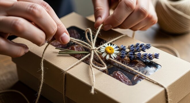 Hands tying twine around gift box.