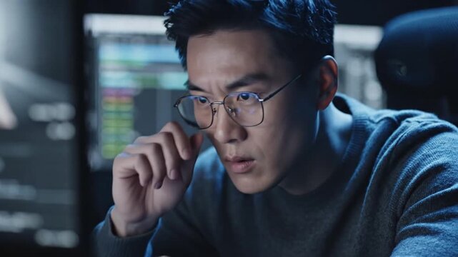 Asian man with glasses concentrating intently on computer screen at night