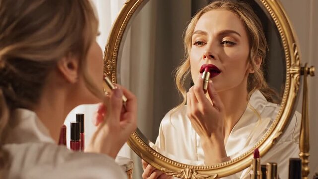 Woman applying red lipstick in ornate mirror at vanity table