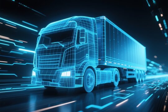 Digital wireframe of transportation truck delivering goods at loading center with van and automobile in futuristic setting