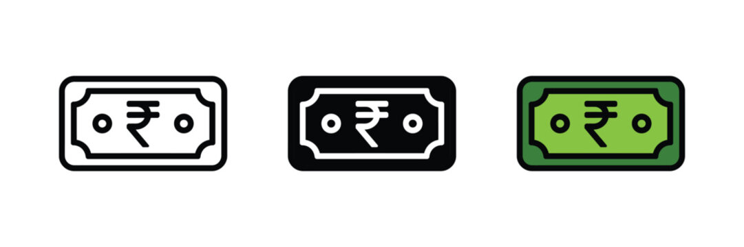 Indian Rupee currency note icon set. INR cash money, banking finance, and India's economy symbols. Vector Illustration.