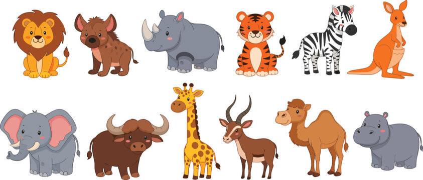 Cartoon Safari Animals Collection Lion Zebra Giraffe Elephant Vector Illustration Set