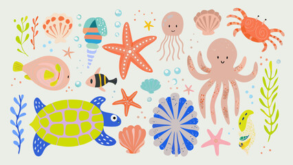 Colorful illustration of various marine life and ocean elements © MihirKumarMondal