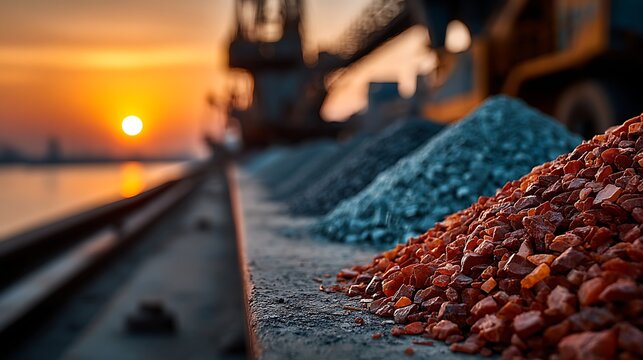 Construction site with piles of gravel at sunset sand aggregate