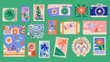 Colorful collection of vintage style travel themed postage stamps and luggage © MihirKumarMondal