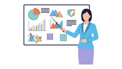 Presentation by a Business Woman: A dynamic illustration showing a woman delivering a presentation with a pointer, pointing out different data trends and insights from data charts. 