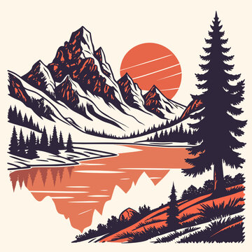 A mountain landscape with a lake and trees