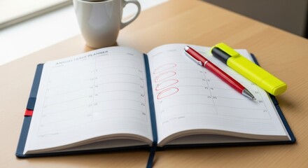 open planner with red pen and highlighter on wooden desk with coffee cup in bright office