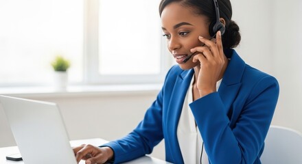 afro-american woman in blue blazer working on laptop with headset in modern office
