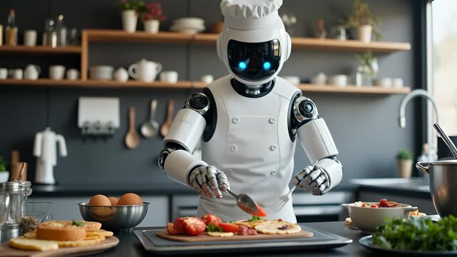 Humanoid Robot Chef Preparing Fresh Ingredients in Modern Kitchen