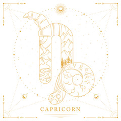 Modern magic witchcraft card with astrology Capricorn zodiac sign on space background. Line art vector illustration © annbozhko