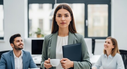 Obraz premium confident business professional in modern office setting holding coffee and portfolio