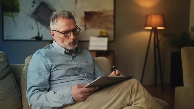 Psychologist listening to patient at private session, taking notes on clipboard