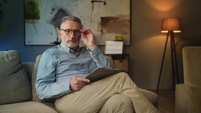 Portrait of male psychologist taking off glasses, providing private practice