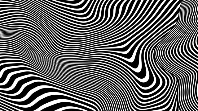 Abstract black and white wavy striped pattern with flowing fluid lines creating a distorted wave effect. Top view graphic design. Modern hypnotic background with an optical illusion vibe
