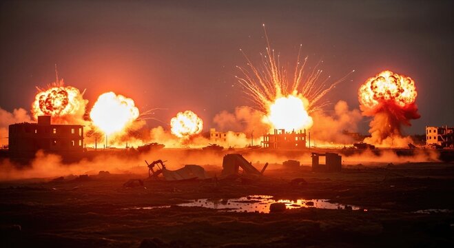 Massive explosions erupting on urban battlefield during night air strike. Military conflict with artillery shelling and destruction of city buildings. Dangerous zone of modern global war.