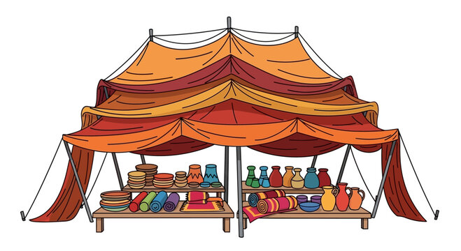 Colorful Bazaar Stall with Textiles and Pottery
