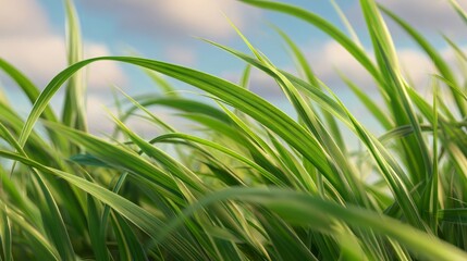 Fototapeta premium Green grass blades blowing in the wind against a blue sky with soft white clouds. Low angle view of a lush meadow in summer. Concept of ecology, nature protection and fresh environment.