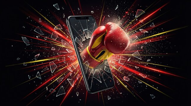 A boxing glove smashes a phone screen, shards exploding with red and yellow light. Symbolizes online frustration, digital rage, or impactful tech news. Perfect for articles on social media anger.
