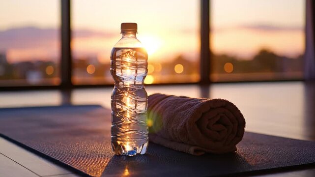 A clear plastic water bottle, reflecting the warm glow of a setting sun, stands beside a neatly rolled-up grey towel on a textured blue exercise mat. The tranquil indoor scene is bathed in soft, golde