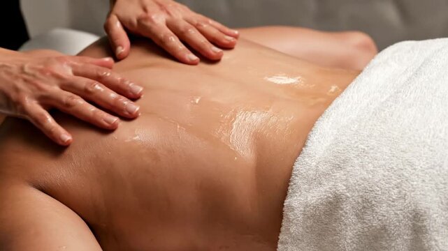 A close-up view captures skilled hands gently massaging natural oil onto a person's bare back, creating a visually soothing and serene scene. The glistening skin reflects ambient light, emphasizing th