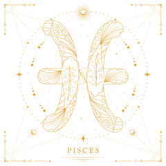 Modern magic witchcraft card with astrology Pisces zodiac sign on space background. Line art vector illustration © annbozhko