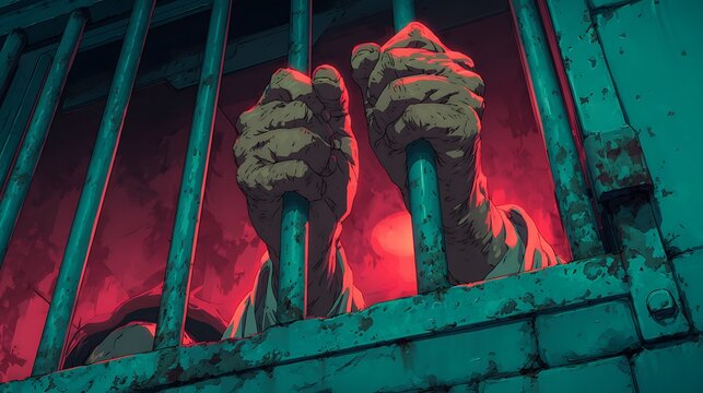 Hands Gripping Prison Bars with Red Light Glow close rough