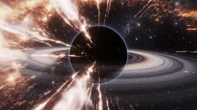 Massive cosmic stellar maelstrom showing a gravitational black hole devouring radiant light within a swirling event horizon deep in the dark void of outer space cinematic slow motion animation