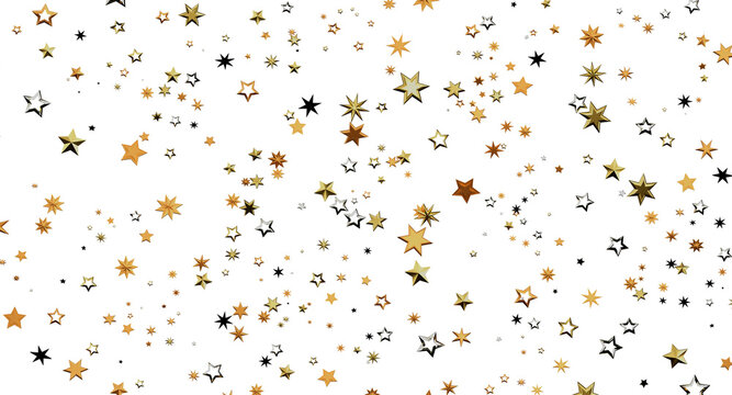 Golden and silver stars scattered on white, celebrating joy, special occasion, happiness, festive, birthday, elegant, lu